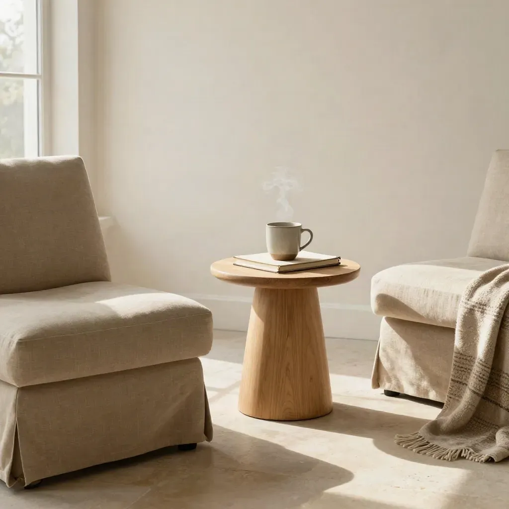 Stille coachinghoek met twee lage stoelen, mok, notitieboek en plaid in zacht ochtendlicht.