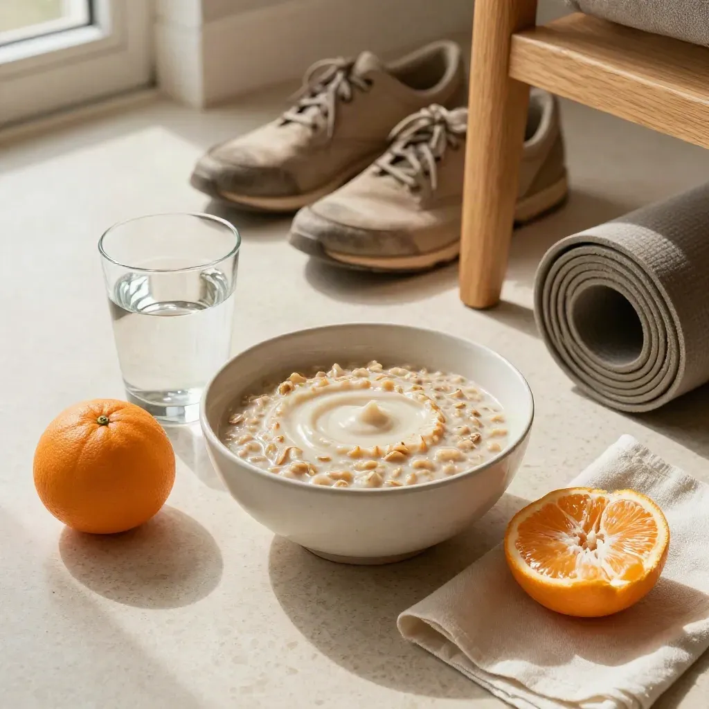 Ontbijthoek met havermout, water, sinaasappel, wandelschoenen en yogamat bij de keukentafel.