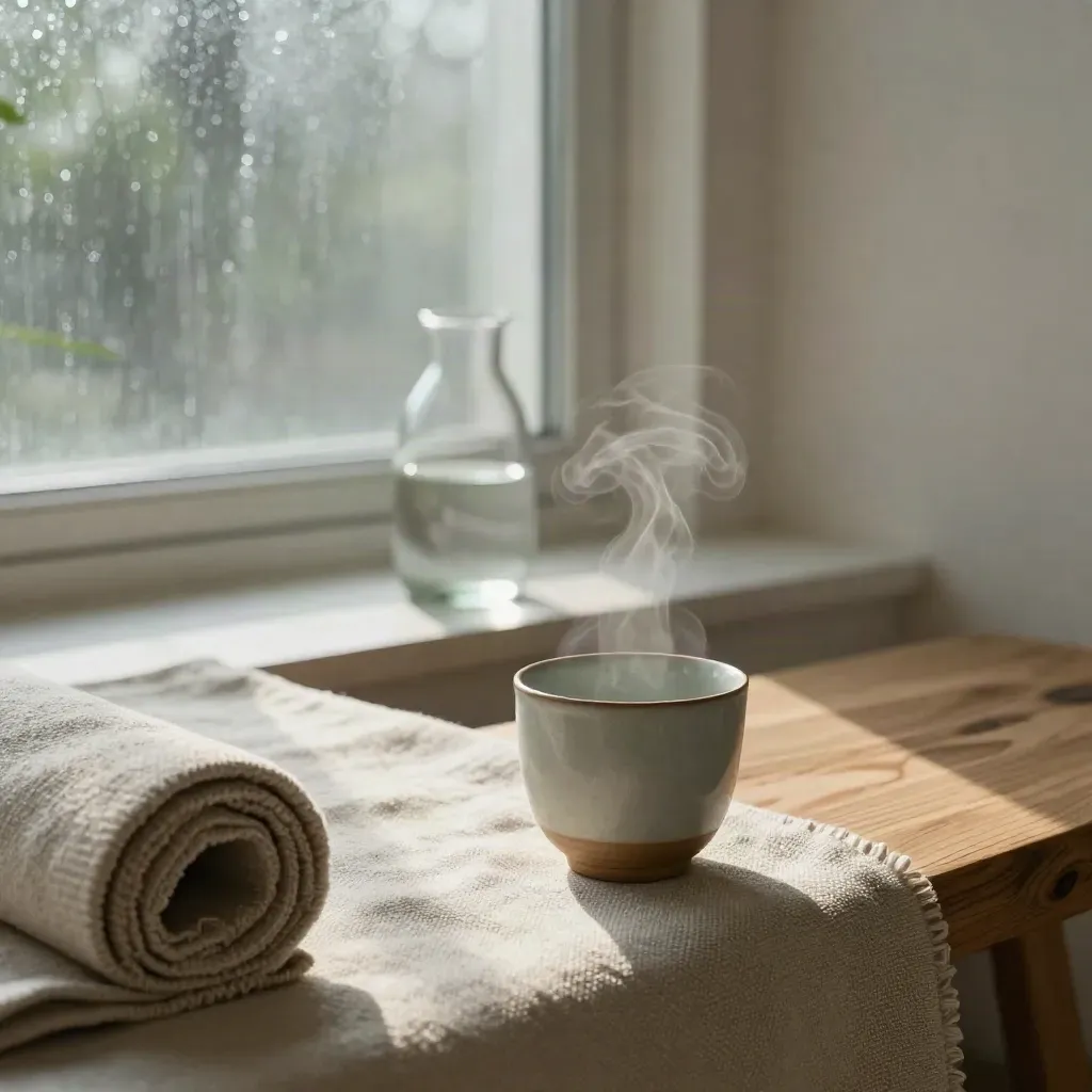Serene wellnesshoek met linnen mat, keramische kop, hout en zacht ochtendlicht na regen.