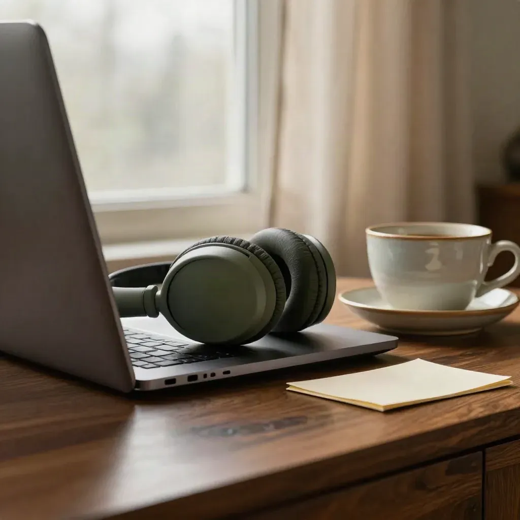 Gesloten laptop, headset en koffiekop in een stille online-consultruimte.