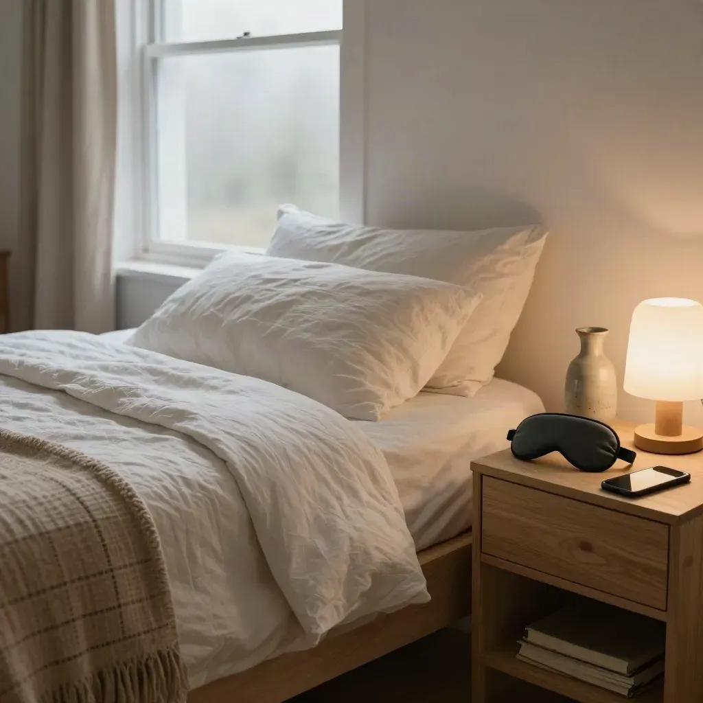 Rustige slaapkamerhoek met strak bed, plaid, slaapmasker en telefoon op het nachtkastje