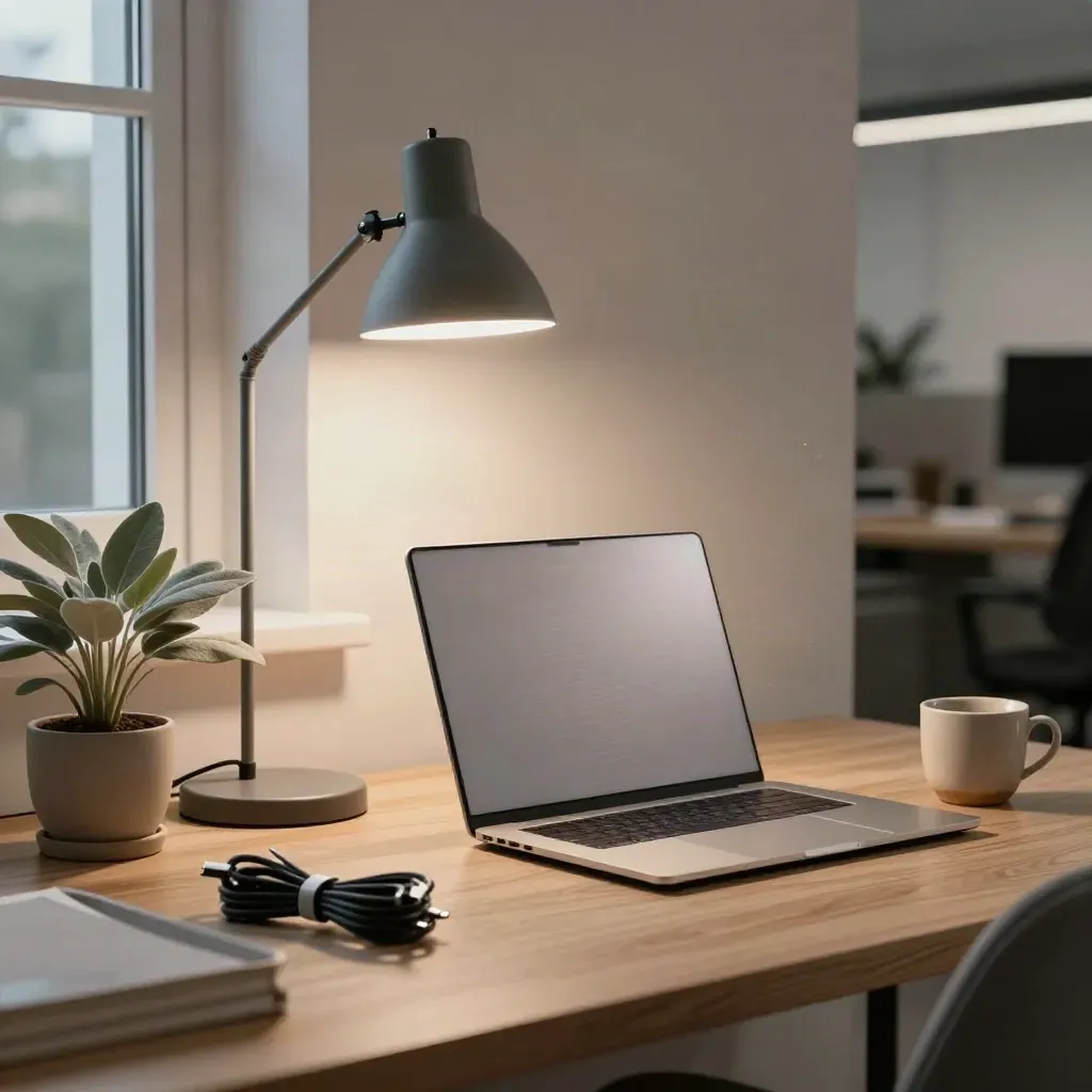Opgeruimde kantoorhoek met gesloten laptop, lamp, plant en kopje in zachte avondsfeer.