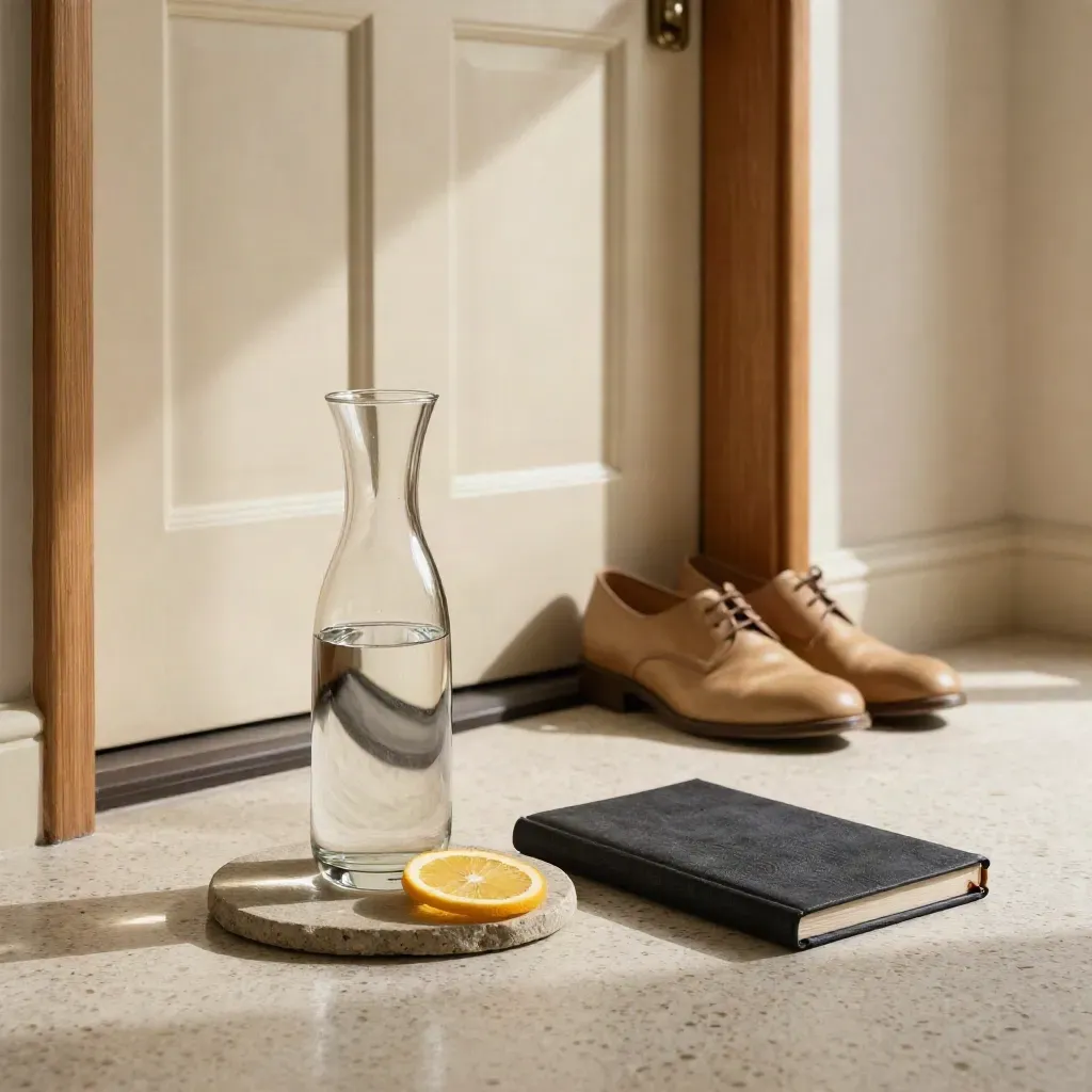 Stille ochtendopstelling bij de deur met karaf, citrus, notitieboek en schoenen.