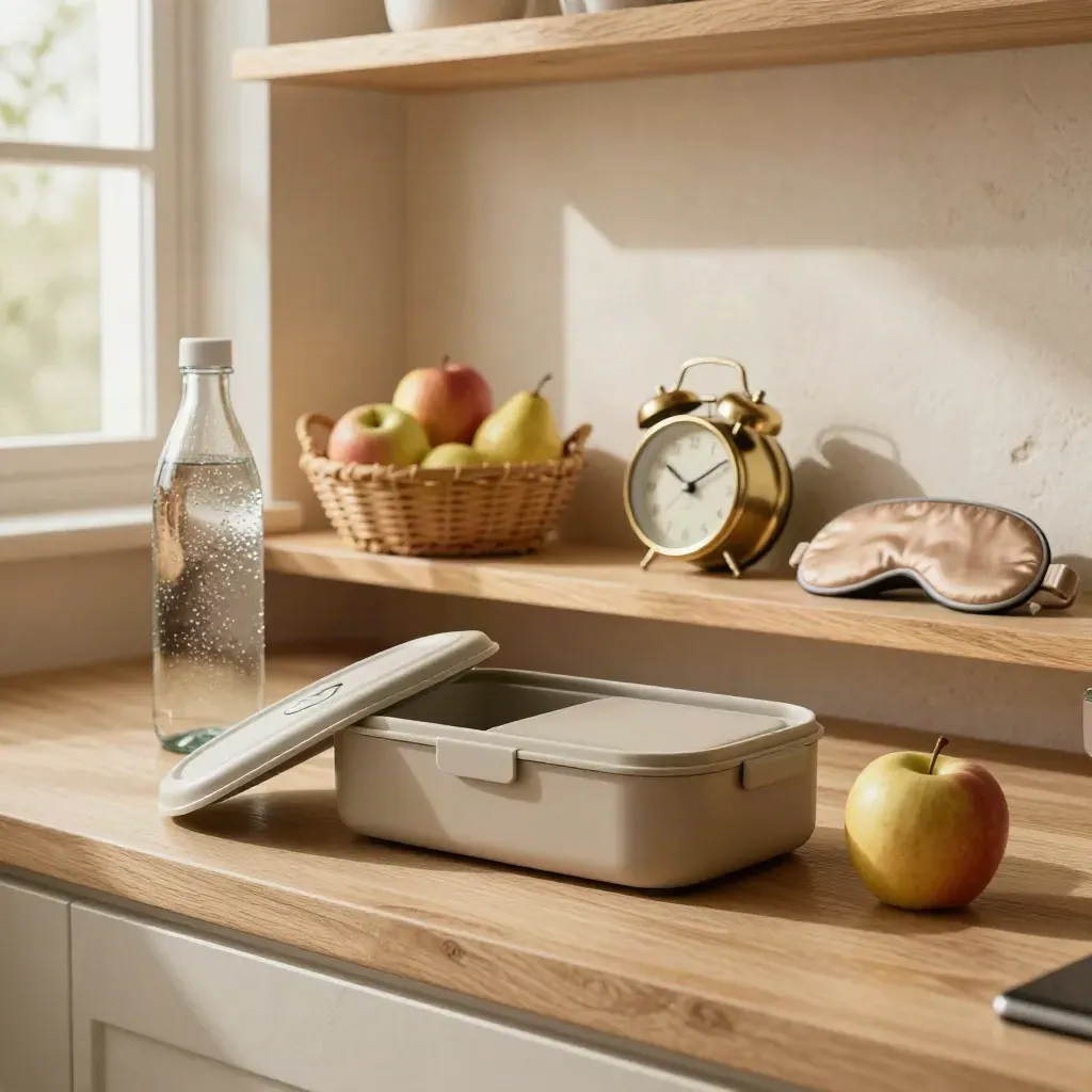 Keukenplank met lunchbox, waterfles, fruitmand, wekker en slaapmasker in rustig ritme.