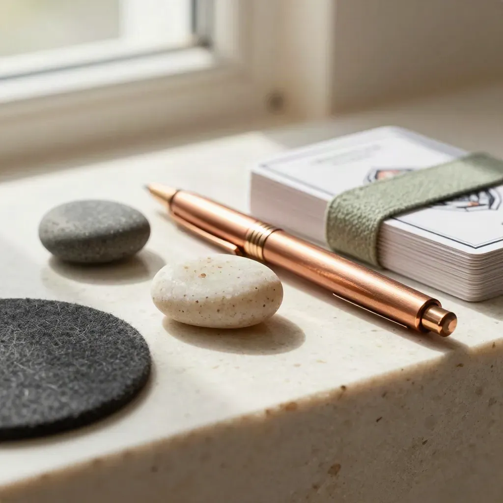 Macro van coachingstenen, koperen pen en kaartenset op travertin met zachte sage-groene accenten.