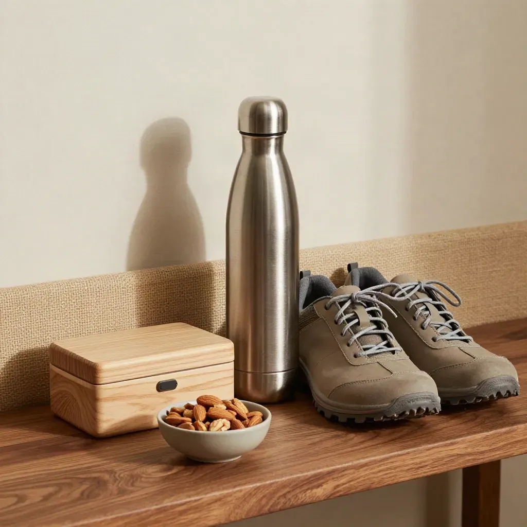 Leefstijlset met metalen waterfles, lunchbox, wandelschoenen en kom noten op een houten bank.