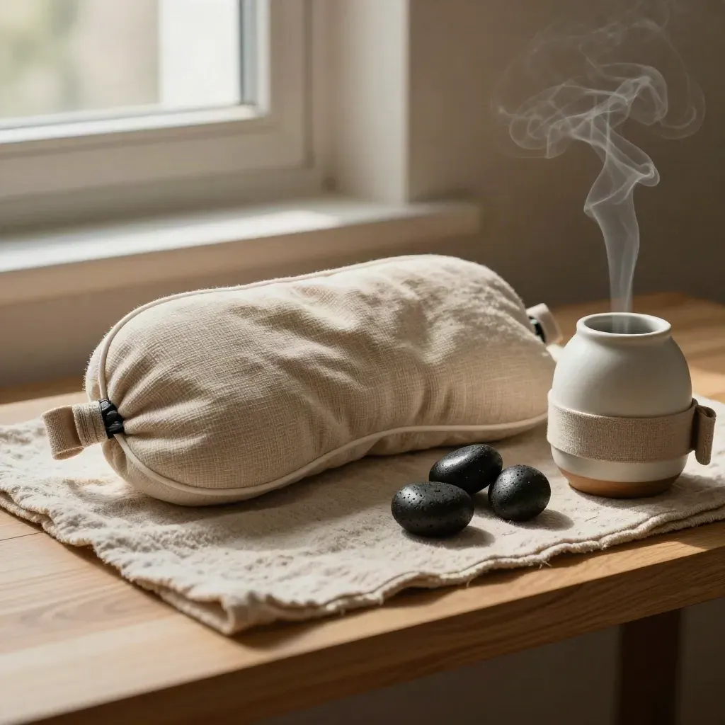 Oogkussen, lavastenen en aroma diffuser op een linnen ondergrond, in zachte close-up.