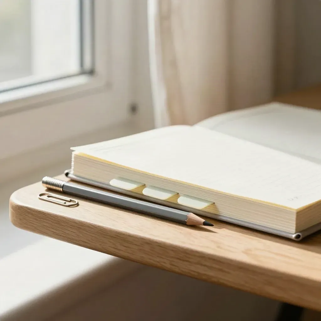 Gesloten planner met tabs, potlood en paperclips op een lichte houten vensterbank met zacht licht.