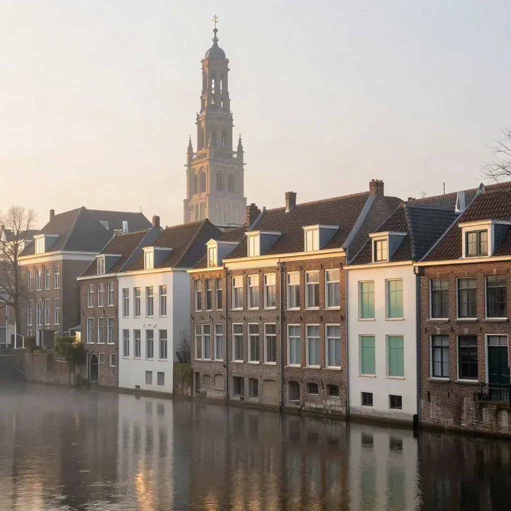 Domtoren boven stille grachtgevels in ochtendmist, met zacht water en veel ruimte voor tekst