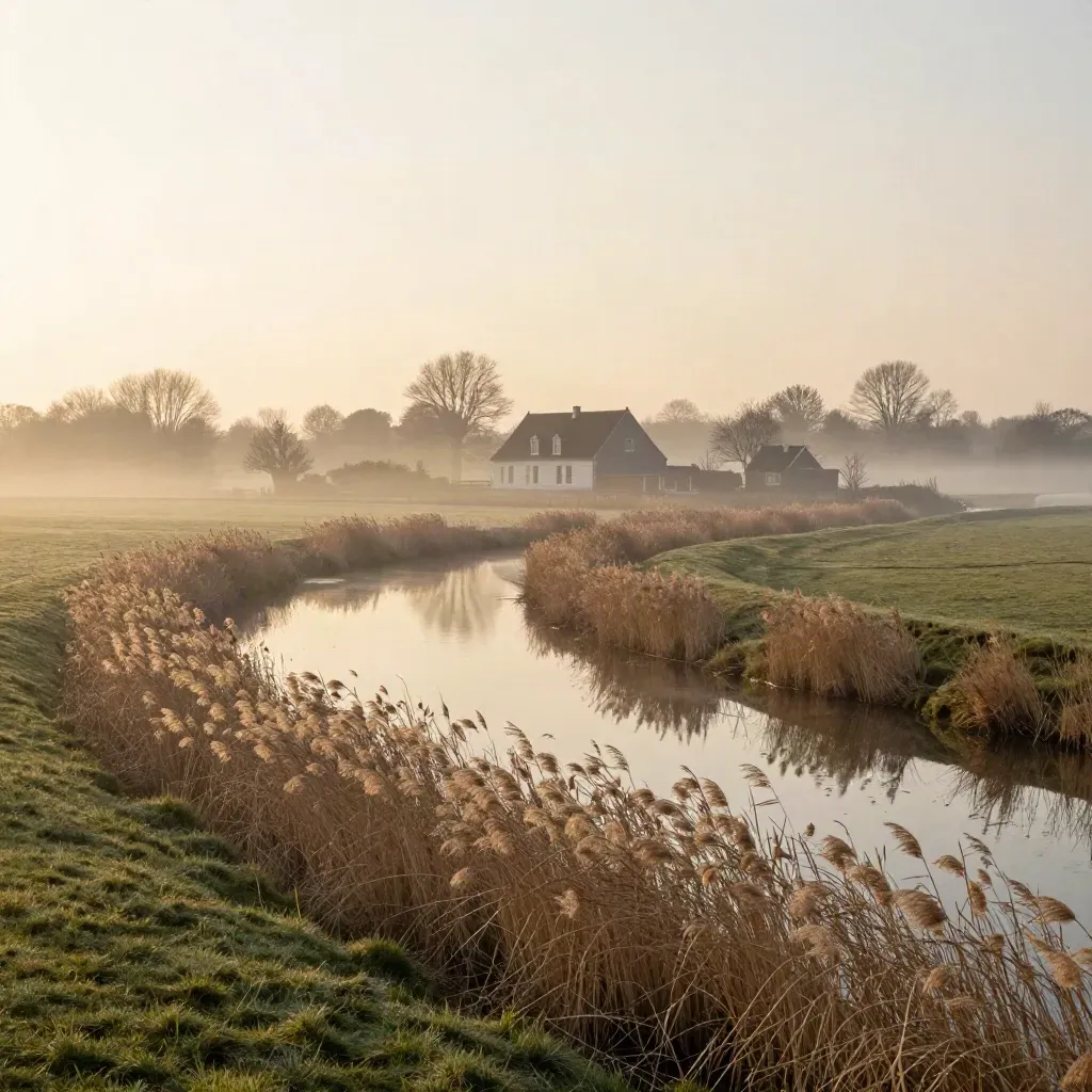 Riet, water en landhuizen in de Gooi en Vechtstreek bij zachte ochtengloed.