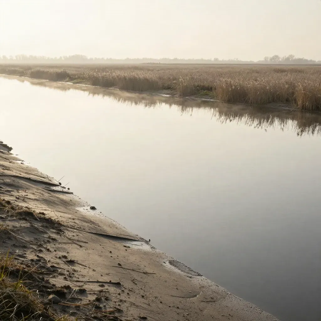 Stil polderland met sloten, vlak water en een lage horizon in zachte mist.